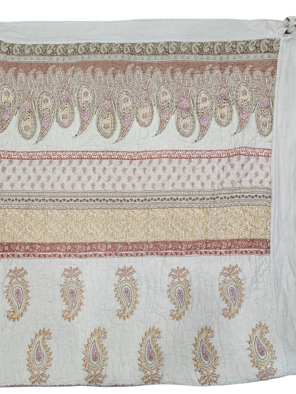 Soft Surroundings Paisley Stripe QUEEN Muslin Quilt Oatmeal Pink Mustard Muted